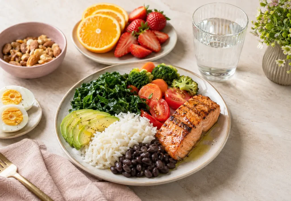Refeição equilibrada com proteínas, frutas, verduras, legumes e gorduras de boa qualidade.
