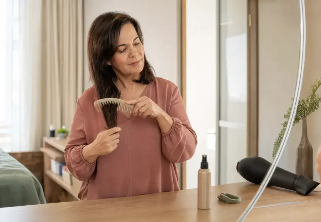 Mulher desembaraçando o cabelo pelas pontas para reduzir a quebra dos fios.