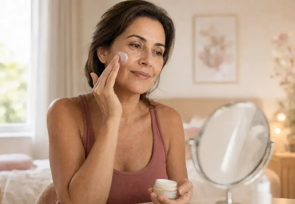 Mulher madura aplicando hidratante durante os cuidados com a pele na menopausa.