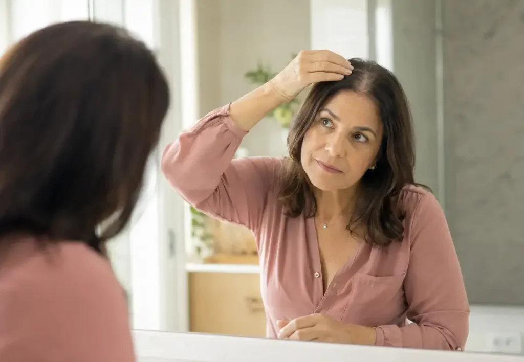 Mulher observando queda de cabelo e afinamento dos fios depois dos 40.