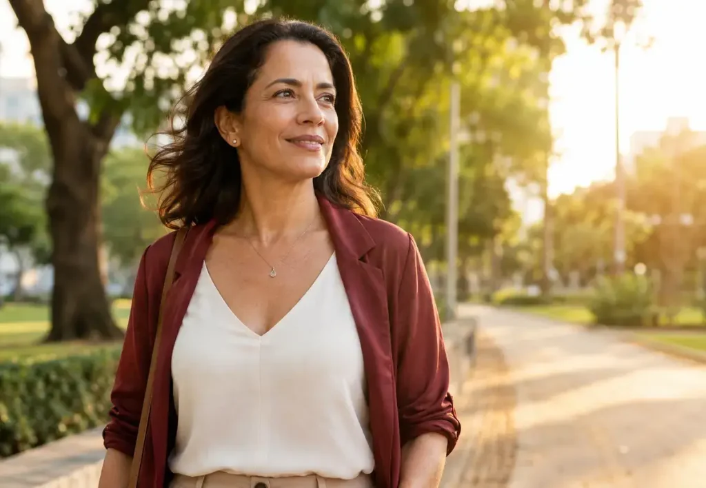 Mulher brasileira depois dos 40 caminhando com confiança em uma nova fase da vida.
