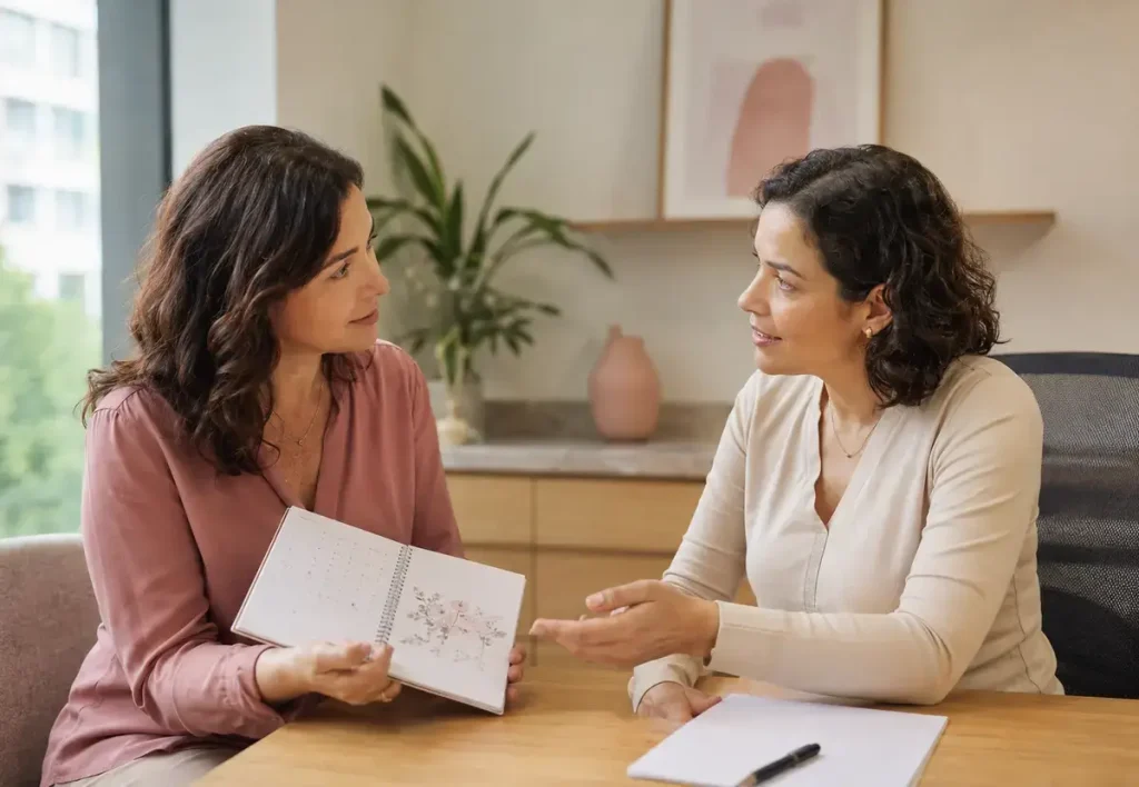 Mulher conversando com uma profissional de saúde sobre sintomas da perimenopausa.