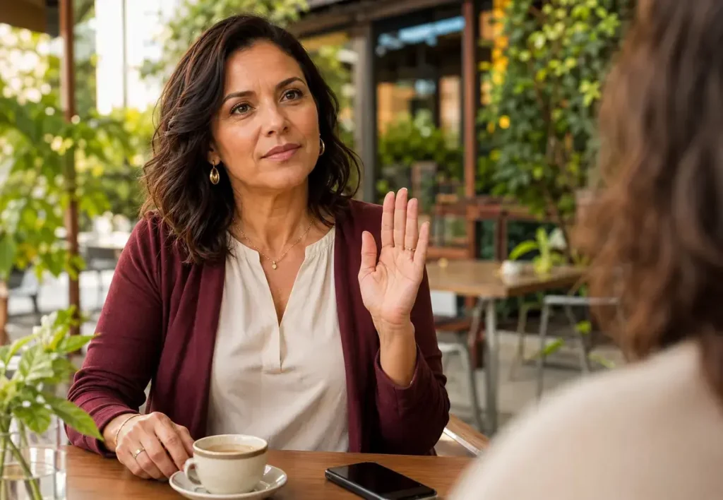 Mulher brasileira depois dos 40 estabelecendo um limite com calma durante uma conversa.