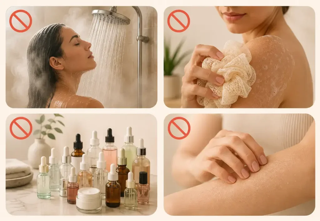 Hábitos que podem piorar a pele ressecada, como banho quente, bucha áspera, excesso de cosméticos e coçar a pele.