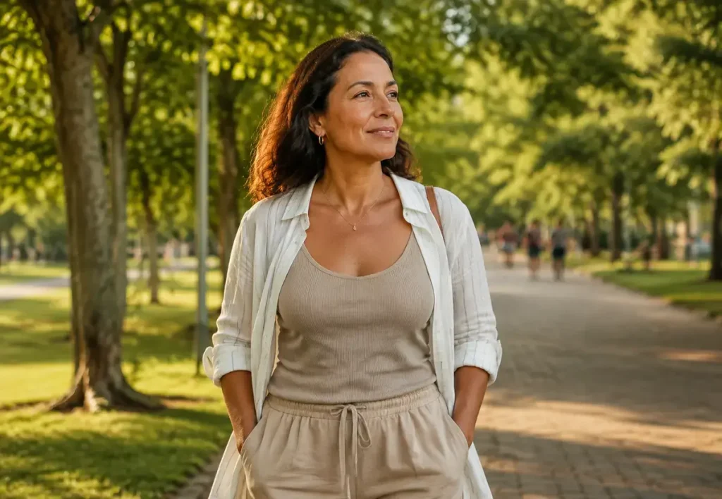 Mulher caminhando sozinha e vivendo com independência emocional