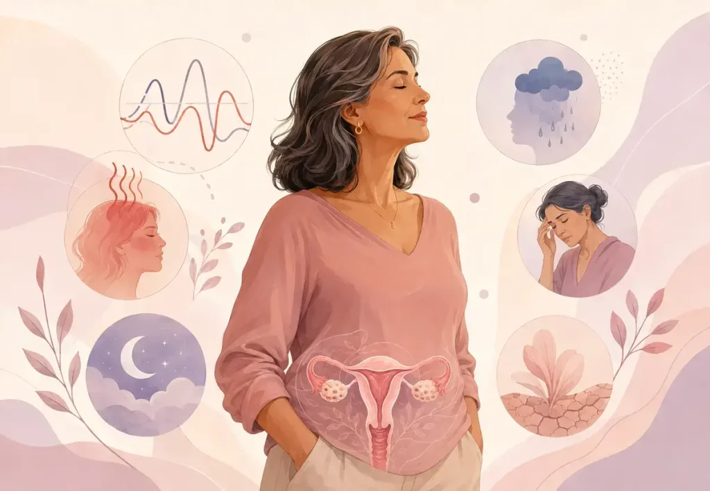 Ilustração das mudanças hormonais e dos sintomas do climatério que podem afetar a libido feminina.