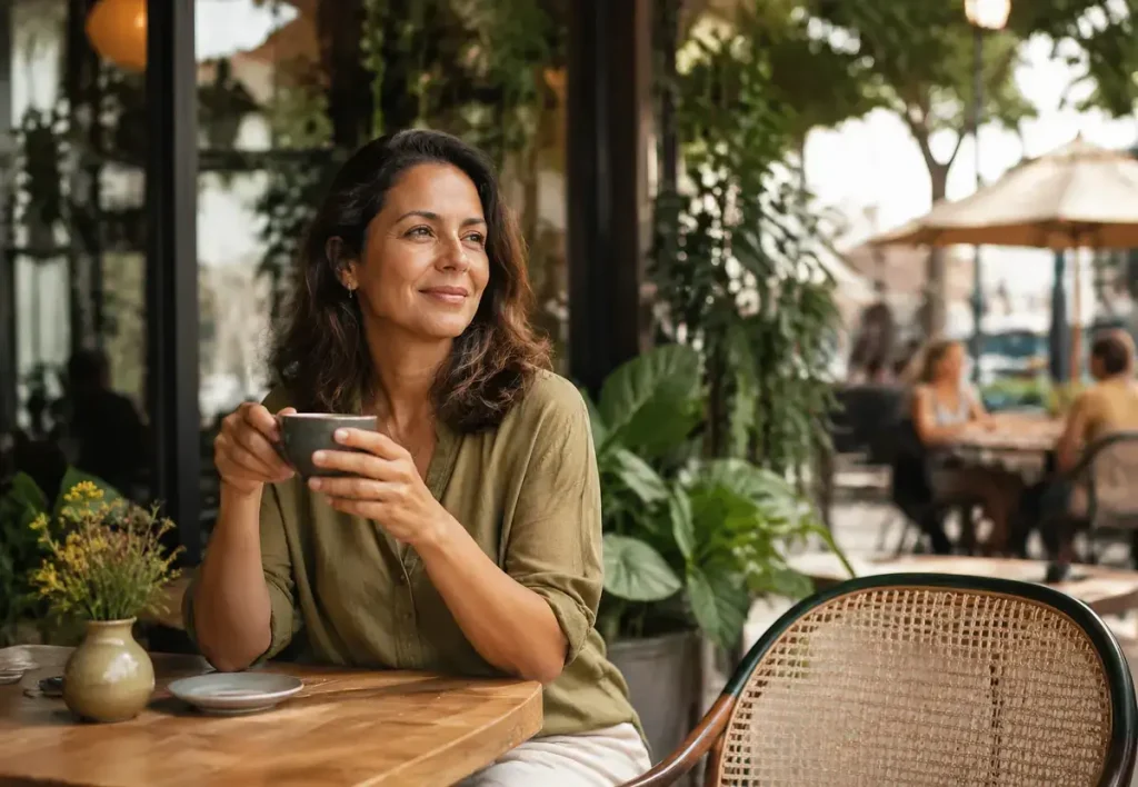 Mulher brasileira aproveitando um momento sozinha em uma cafeteria