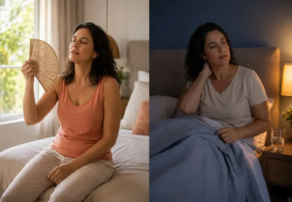 Mulher na perimenopausa sentindo onda de calor durante o dia e desconforto noturno.