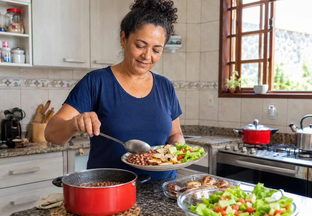 Mulher preparando uma refeição com feijão, frango e vegetais
Título: Refeição para manter a massa muscular
