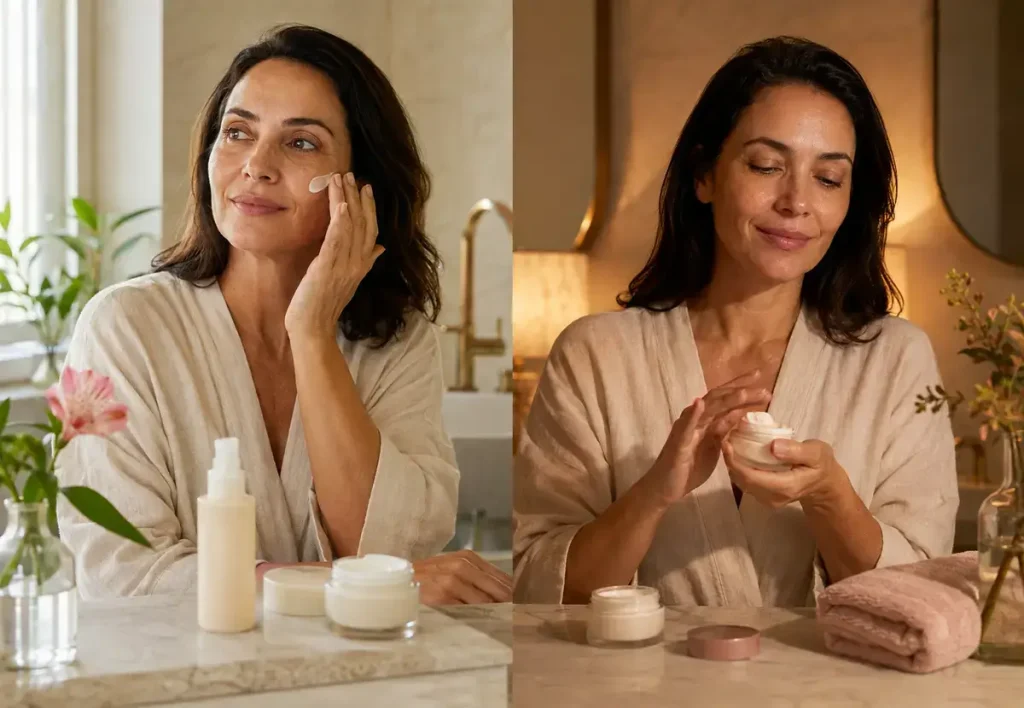  Mulher realizando rotina de cuidados com a pele ressecada pela manhã e à noite.
