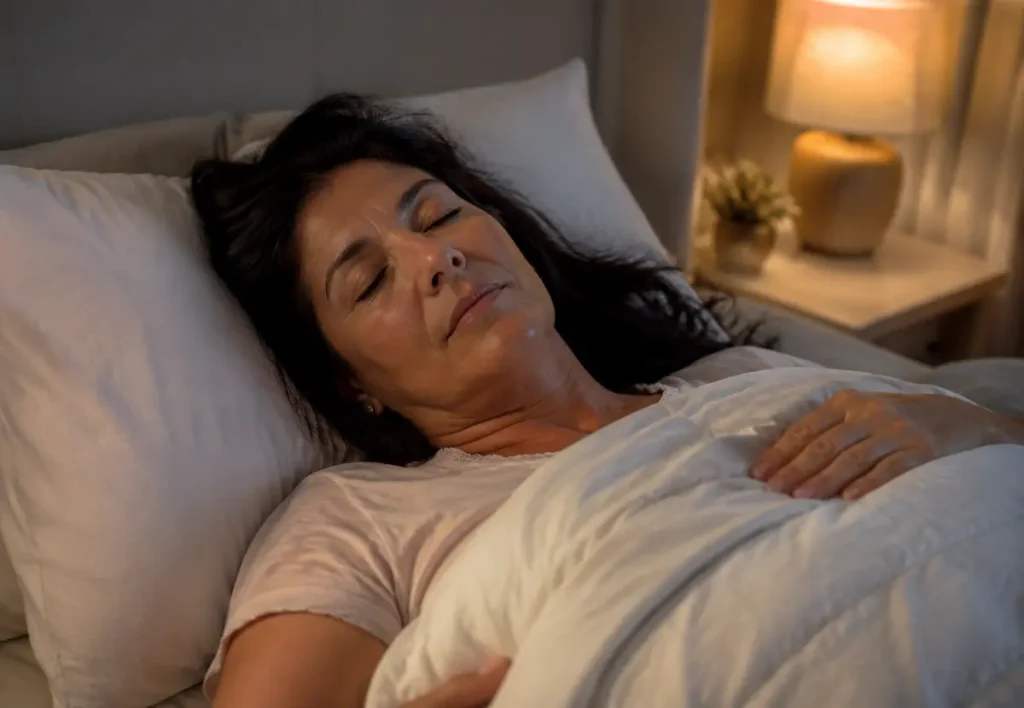 Mulher madura dormindo tranquilamente durante a noite