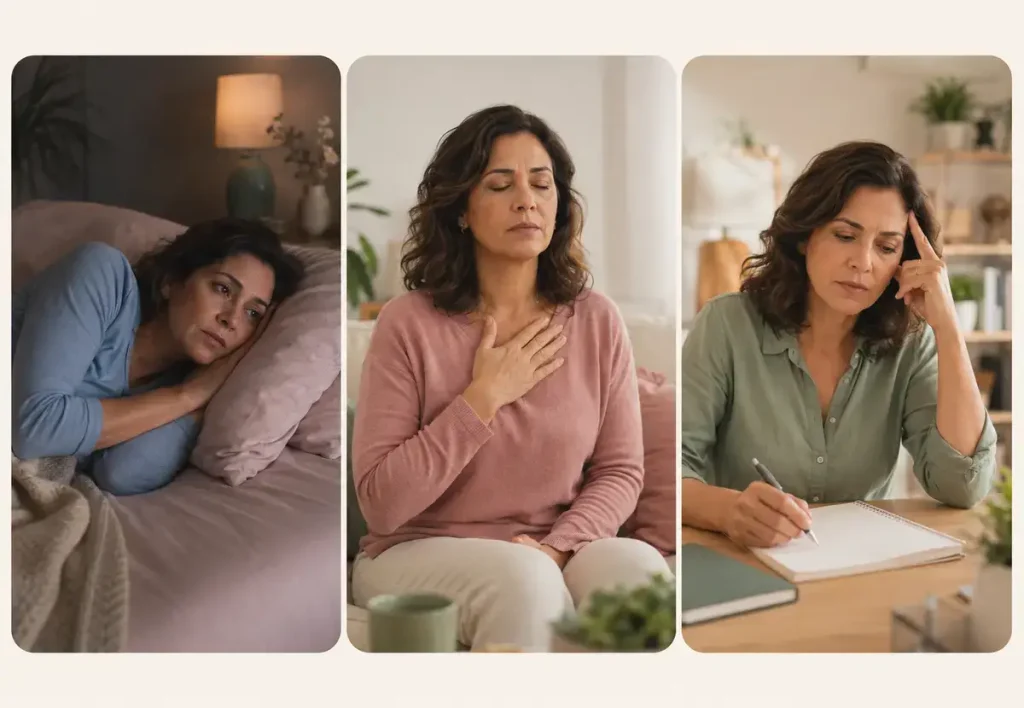 Mulher com alterações no sono, no humor e na concentração durante a perimenopausa.